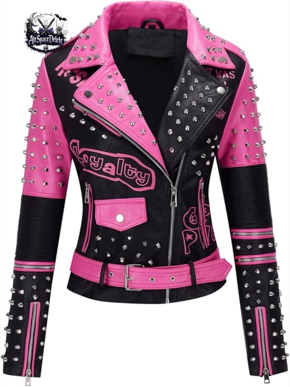 Faux Leather Moto Jacket with Studded Rivets, Belted Hip-Length Streetwear